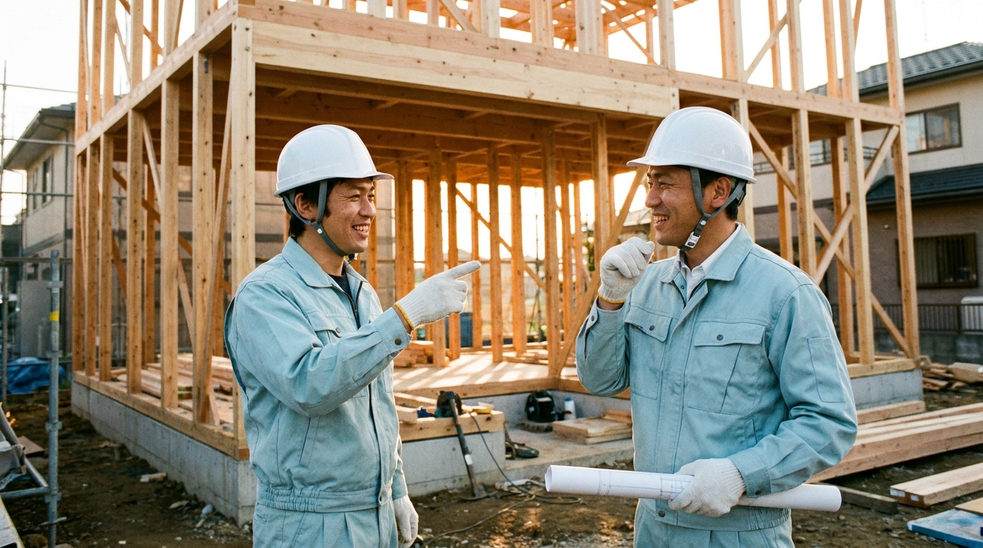 (イメージ)建設現場で打合せをする大工
