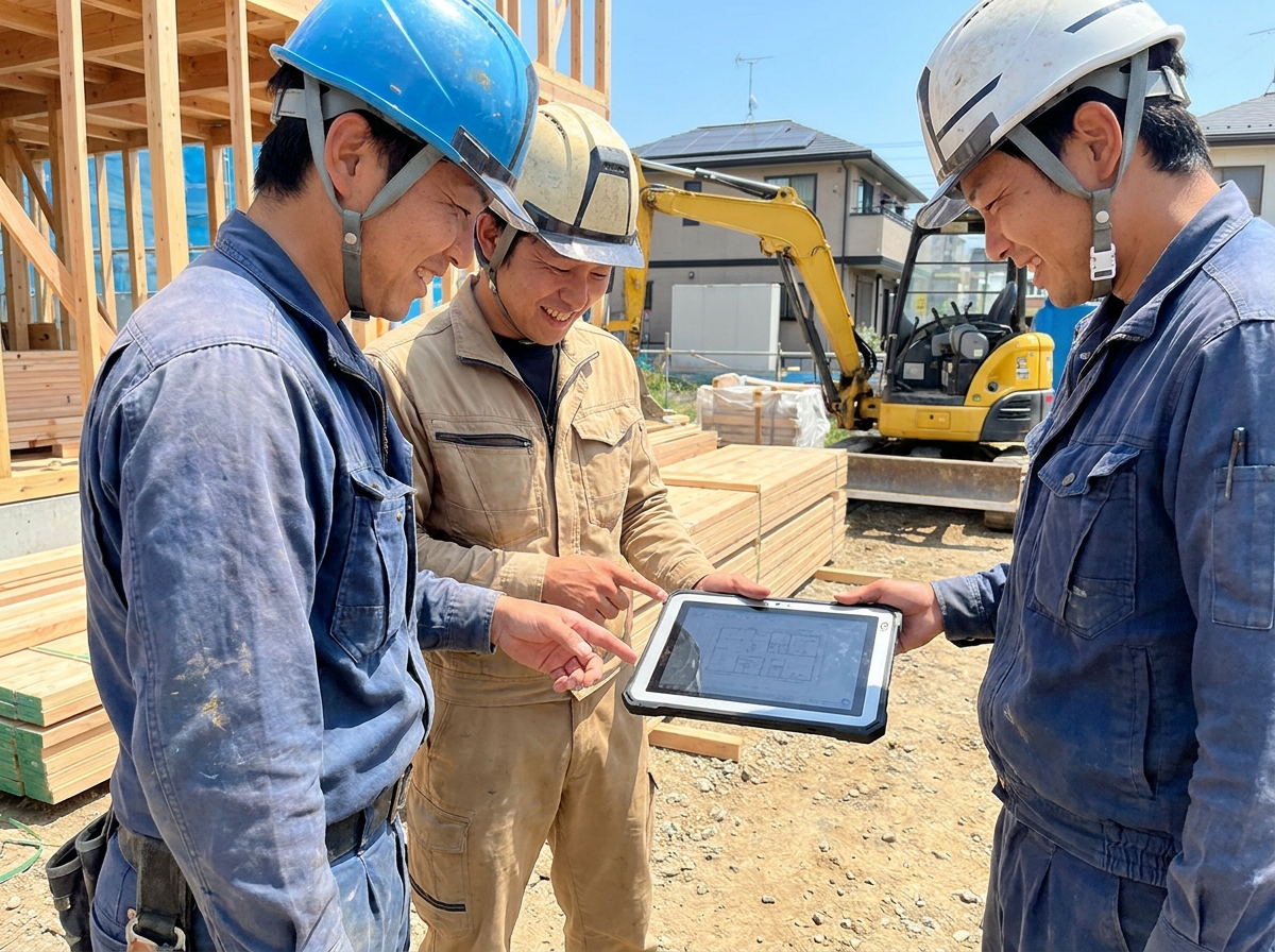 (イメージ)建設チームがタブレットで図面を確認する様子
