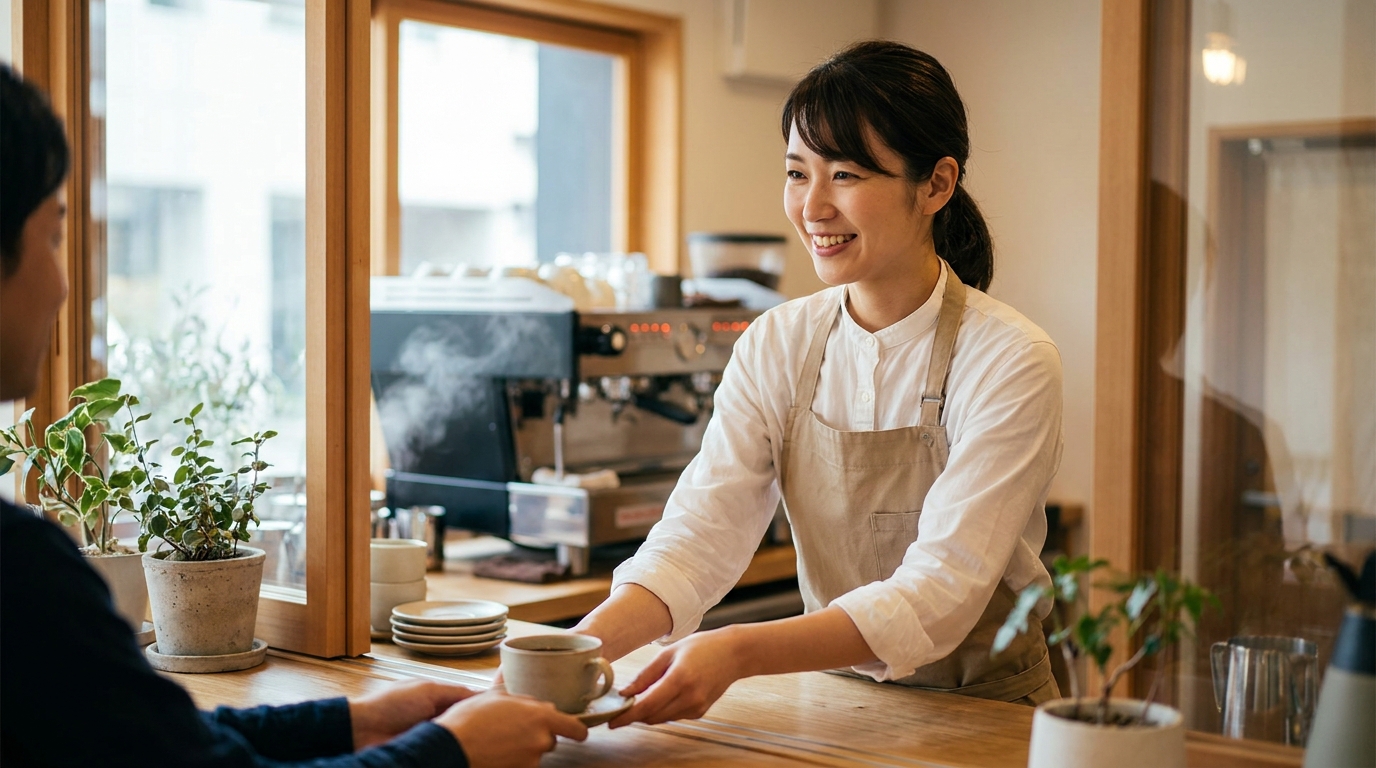 (イメージ)コーヒーを差し出すカフェスタッフ