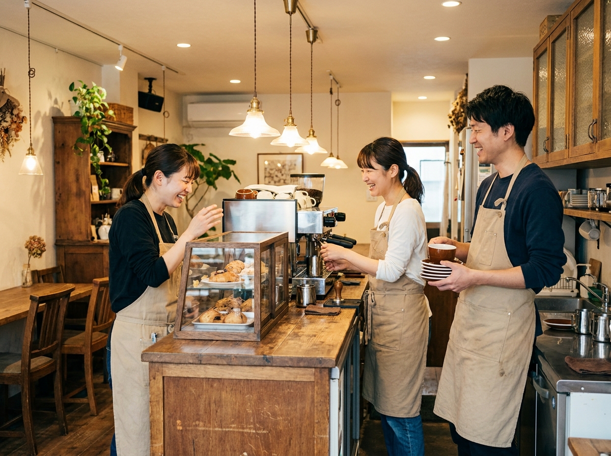(イメージ)木のカウンターで談笑するカフェチーム